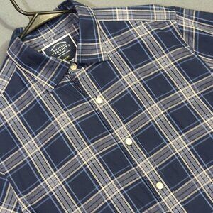 Charles Tyrwhitt Shirt Mens M Blue Plaid Slim Fit Cotton Linen Blend Long Sleeve